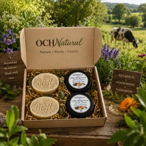 Könnte beinhalten: Eine Pappschachtel mit der Aufschrift OCHNatural Nature | Purity | Luxury, die zwei runde, texturierte Seifenstücke mit OCH-Prägung und zwei schwarze runde Dosen Tallow-Mango-Cocoa Body Butter in Papierstreifen enthält.