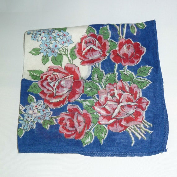 Vintage Blue and Pink Rose 1950s Handkerchief