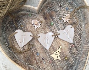 Handmade Ceramic 'Joy' Heart Bunting, Christmas Decoration