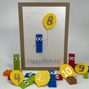 Lego birthday card with balloon - your choice of age