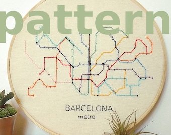 Barcelona metro map modern hand embroidery pattern - instant digital download PDF in english and spanish - modern embroidery