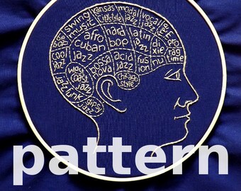 Jazz brain modern hand embroidery pattern - instant digital download PDF in english and spanish - jazz styles phrenology modern embroidery