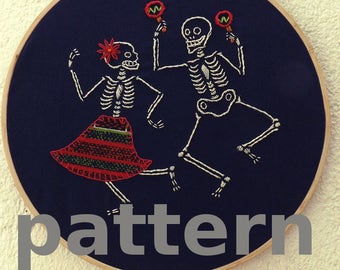 Dancing skeletons modern hand embroidery pattern - instant digital download PDF in english and spanish - dia de muertos modern embroidery