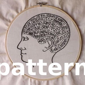 Music brain modern hand embroidery pattern - instant digital download PDF in english and spanish - music genres phrenology modern embroidery
