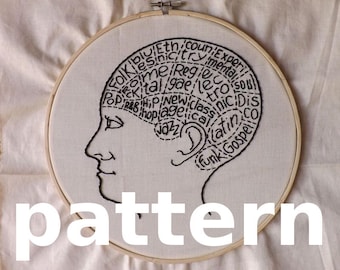 Music brain modern hand embroidery pattern - instant digital download PDF in english and spanish - music genres phrenology modern embroidery