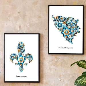 Bosnian Kilim Poster Set | Bosnia Map & Bosnian Lily (Ljiljan) | Cultural Wall Art | Digital Download PNG | A2 Size