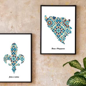 Bosnian Kilim Poster Set | Bosnia Map & Bosnian Lily (Ljiljan) | Cultural Wall Art | Digital Download PNG | A2 Size