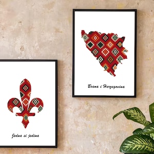 Bosnian Kilim Poster Set | Map of Bosnia & Bosnian Lily (Ljiljan) | Cultural Wall Art | Digital Download PNG | Balkan Heritage Decor