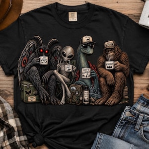 May include: A black t-shirt featuring a graphic of Mothman, an alien, the Loch Ness Monster, and Bigfoot sitting together. Each character holds a mug with text including Just Winging It, I Need Space, Loch & Loaded, and Introvert. The design includes hats and accessories.