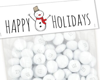 Printable Happy Holidays Food Bag Treat topper with Snowman, Children's Stocking Stuffer To From Label Kids Christmas Classroom Craft