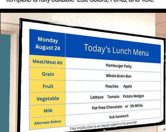 School Cafeteria Digital Menu Display TV Signage Template - Fully Customizable
