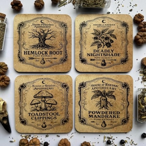 May include: Four square coasters with vintage apothecary labels. Each coaster features a different botanical illustration and text: Hemlock Root, Deadly Nightshade, Toadstool Clippings, and Powdered Mandrake. The coasters are brown with black text and decorative borders.