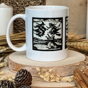 Witches On Broomsticks Mug • Woodcut Witches • Ceramic Mug • Medieval Mug • Witchy Gifts • Handmade Mug • Wicca • Witchcraft Mug • Folklore
