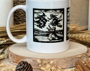 Witches On Broomsticks Mug • Woodcut Witches • Ceramic Mug • Medieval Mug • Witchy Gifts • Handmade Mug • Wicca • Witchcraft Mug • Folklore