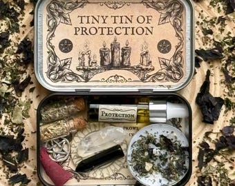 Lata de hechizo de protección de bolsillo • Hechizo de protección • Aceite de hechizo de protección • Brujería • Regalos de brujas • Lata de bruja para el altar • Artículos de brujería
