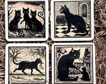 Set Of 4 Cat Coasters • Dark Academia • Witchy Cat Coasters • Witchy Gifts • Witchy Decor • Medieval • Witchcraft • Cat Coasters • Coasters