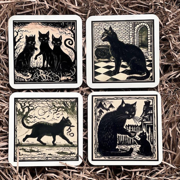 Conjunto de 4 porta-copos de gato • Dark Academia • Porta-copos de gato de bruxa • Presentes de bruxa • Decoração de bruxa • Medieval • Bruxaria • Porta-copos de gato • Porta-copos