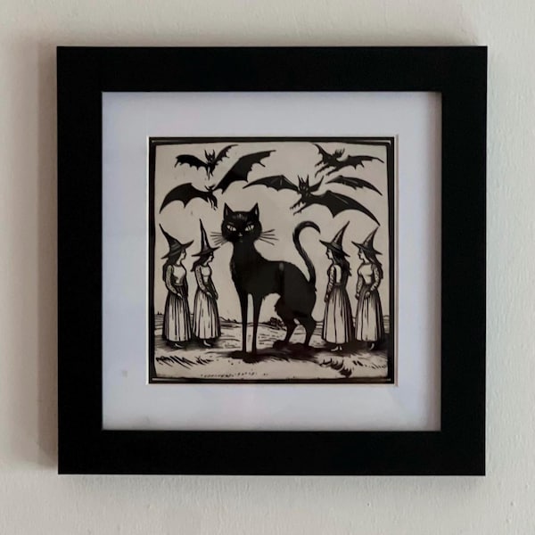 Cat And Witches Framed Print • Dark Academia • Wicca • Cottagecore • Medieval • Quirky Wall Art • Whimsigoth • Witchy Decor • Witchy Gift
