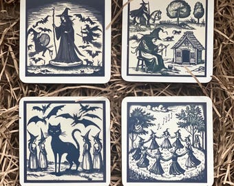 Set Of 4 Woodcut Witch Inspired Coasters • Dark Academia • Folklore • Witchy Gifts • Witchy Decor • Medieval • Witchcraft • Coasters •