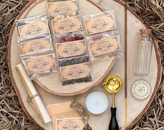 May include: A collection of witchy supplies on a wooden surface, including herbs, crystals, candles, incense, and a wax seal kit. The items are arranged in a circle around a small, clear glass bottle. The text on the labels includes "Damiana", "Jasmine", "Red Wax", "Rose Petals", "Rose Quartz", "Lavender", "Love", and "Black Salt".