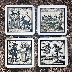 Set Of 4 Woodcut Witch Inspired Coasters • Dark Academia • Folklore • Witchy Gifts • Witchy Decor • Medieval • Witchcraft • Coasters •