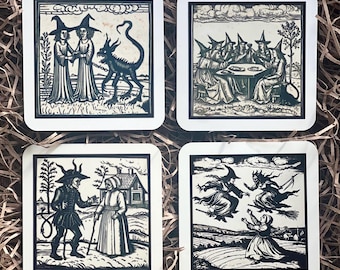 Set Of 4 Woodcut Witch Inspired Coasters • Dark Academia • Folklore • Witchy Gifts • Witchy Decor • Medieval • Witchcraft • Coasters •