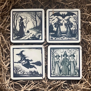 Set Of 4 Woodcut Witch Inspired Coasters • Dark Academia • Folklore • Witchy Gifts • Witchy Decor • Medieval • Witchcraft • Coasters •