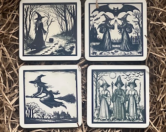Set Of 4 Woodcut Witch Inspired Coasters • Dark Academia • Folklore • Witchy Gifts • Witchy Decor • Medieval • Witchcraft • Coasters •