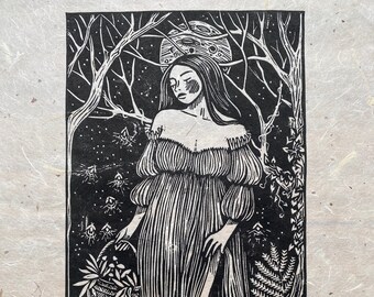 Night Gathers | Linocut Relief Print of Woman Walking in Woods at Night