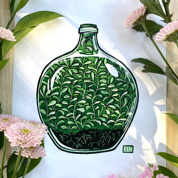 Bottled Spring | 5-Color Reduction Linocut Print