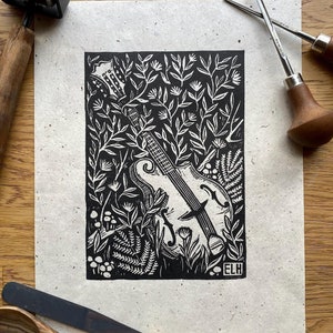 Bramble Ramblin&#39; | Linocut Block Print of a Mandolin in a Woodland Bramble | Musical Instrument Print