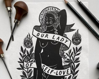 Our Lady of Self Love | Linocut Relief Print of Self-Love Saint | Block Print