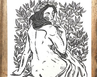 The Bather | fine art block print of woman bathing
