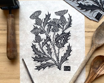 Cardos / Impresión en linóleo en relieve hecha a mano de flores de cardo