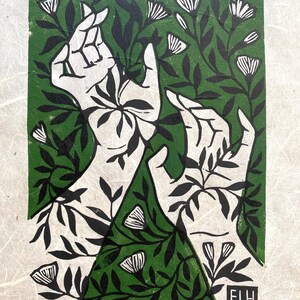 Primavera Two-color multiblock Linocut Print Springtime Block Print solid on chiri