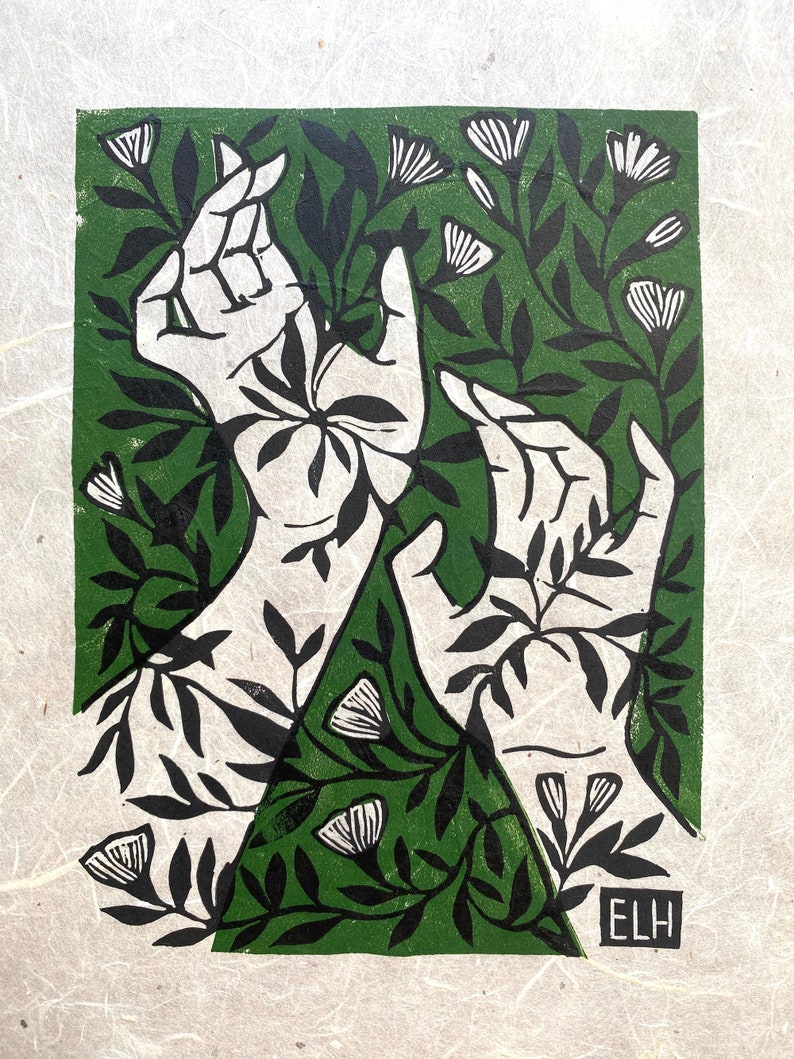 Primavera Two-color multiblock Linocut Print Springtime Block Print solid on chiri