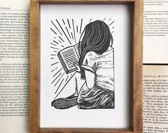 The Reader | fine art block print of girl reading a book