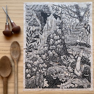 The Old Stump | Linocut Relief Print of Mushrooms Growing on the Forest Floor