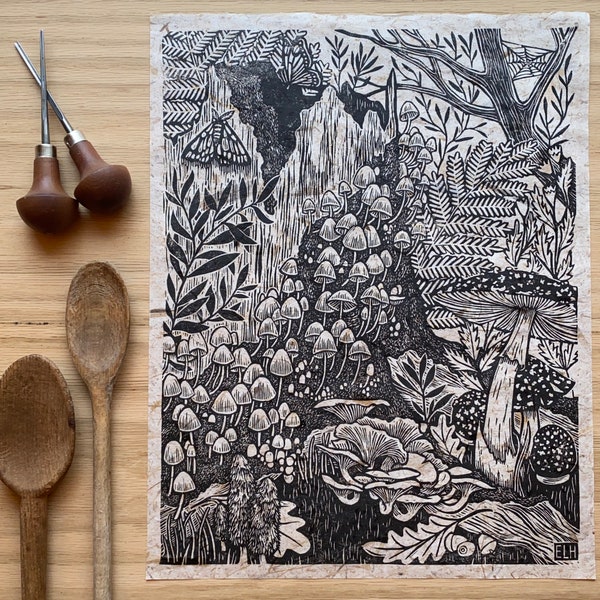 The Old Stump | Linocut Relief Print of Mushrooms Growing on the Forest Floor