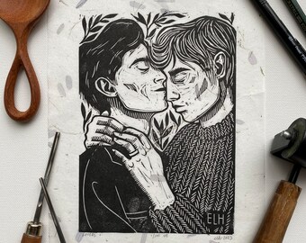 Lovers I | Linocut Relief Print of Couple on Paper | LGBTQ+