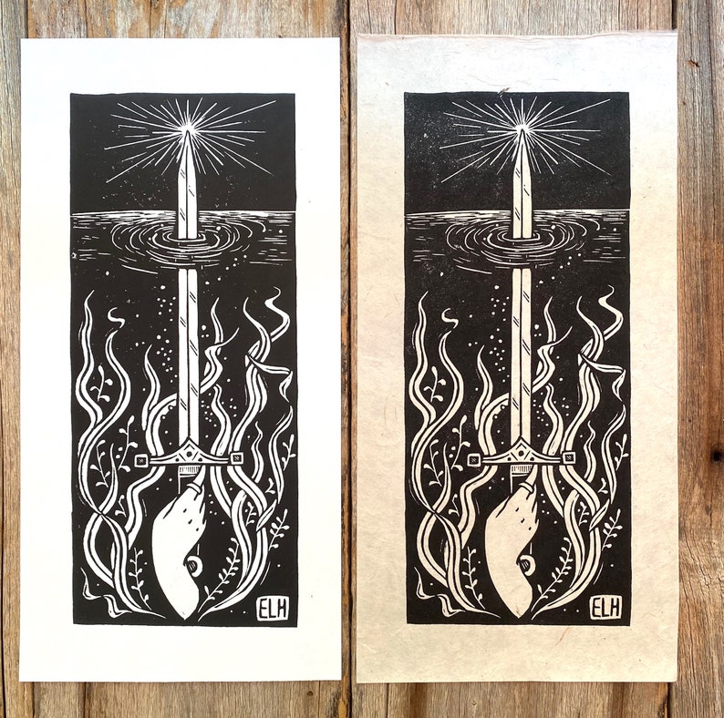 Lady of the Lake Hand Carved Block Print hand holding sword underwater image 5