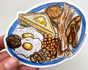Englisches Frühstück Vinyl-Aufkleber | fet. Eier Streaky Bacon Wurst Blutwurst Tomate Pilz Butter Toast + BOHNEN