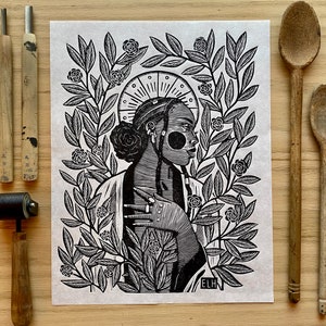 The Rose Queen Linocut Relief Print of Black Woman with Roses image 1