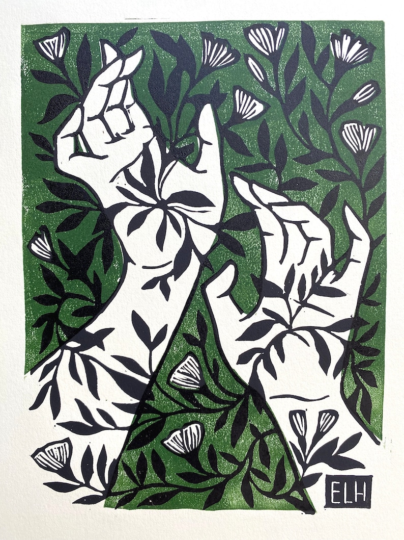 Primavera Two-color multiblock Linocut Print Springtime Block Print solid on white