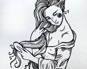 100 Strokes | Relief Linocut Print of Woman Brushing Her Hair