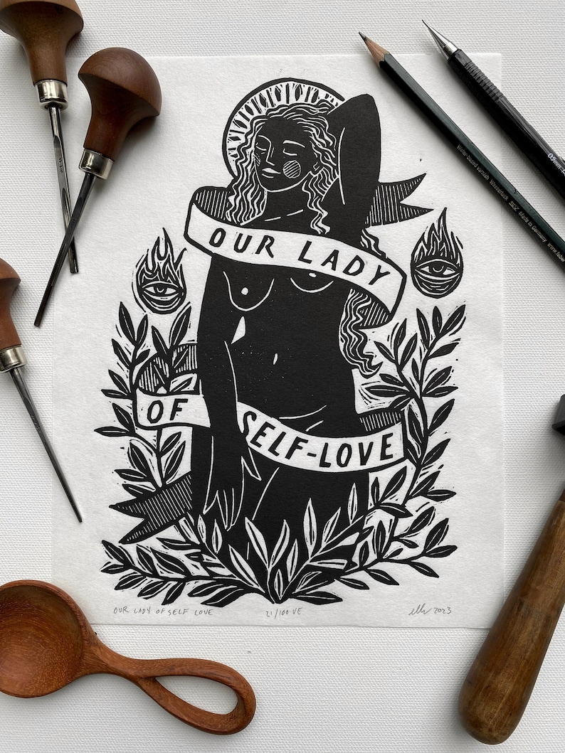 Our Lady of Self Love Linocut Relief Print of Self-Love Saint Block Print white kozo