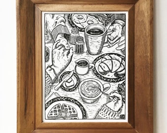 Brunch Date | fine art block print of couple holding hands over breakfast table