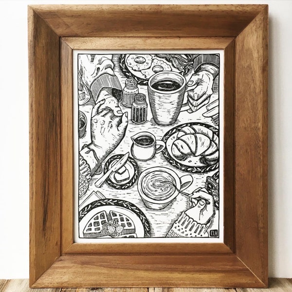Brunch Date | fine art block print of couple holding hands over breakfast table
