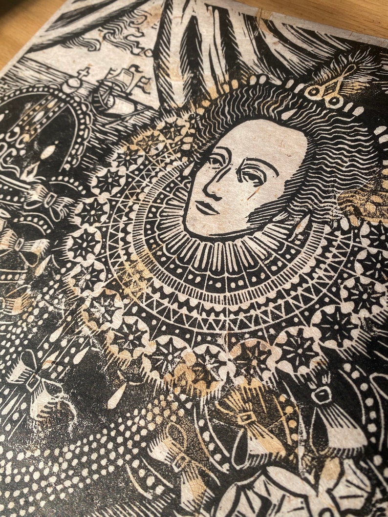 The Armada Portrait of Queen Elizabeth I Master Study Linocut Print natural mango paper
