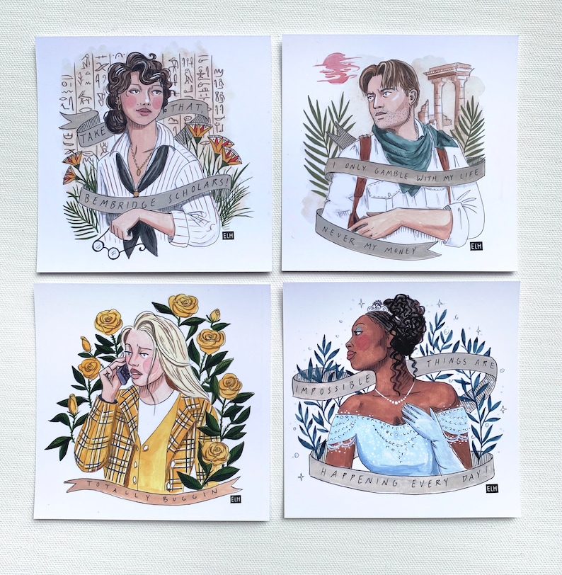 90's Screen Crush Postcard Set Illustrations featuring Clueless, Cinderella, The Mummy SET OF ALL 4
